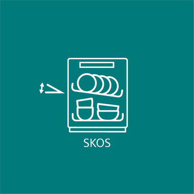 Podświetlona ikona zmywarki wypełnionej talerzami i miskami oraz nieco przechylonym g&oacute;rnym koszem.