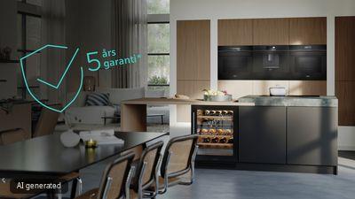 Modern open-plan kitchen: dark gray island with stone top and wine fridge, wood-paneled wall with three black-glass built-in appliances, and a teal "5 &aring;rs garanti*" graphic. 