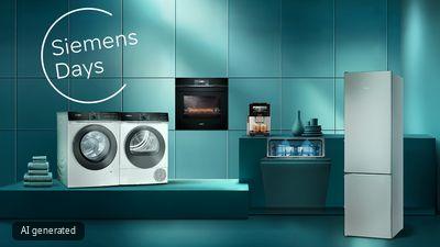 Raum mit petrolfarbenen W&auml;nden und Boden zeigt Siemens Waschmaschine und W&auml;schetrockner, Einbaubackofen, ge&ouml;ffneten Geschirrsp&uuml;ler mit Geschirr, freistehenden K&uuml;hlschrank und Kaffeevollautomaten.