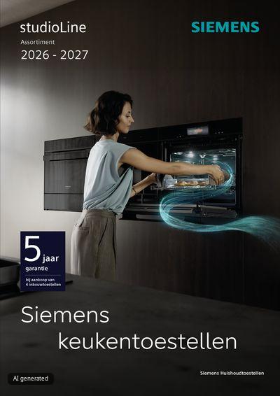 Siemens keukenapparatuur display met Gamma 2025 studioline en 5 jaar garantie informatie.