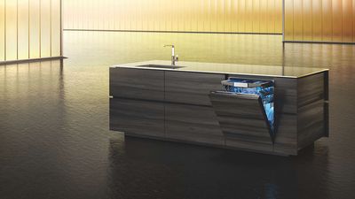 Cucina moderna con isola in legno, lavello integrato e lavastoviglie da incasso parzialmente aperta