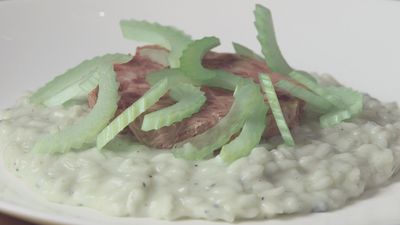 Risotto al Gongorzola Piccante, Mortadella di Fegato e Sedano croccante