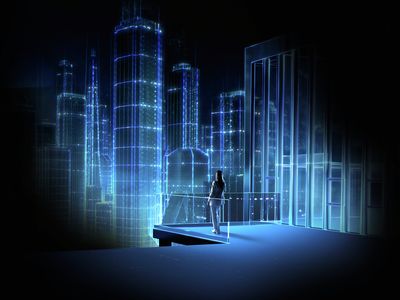 Woman in glowing city exploring home connect