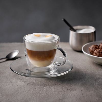 In einer Glastasse angerichteter Cappuccino mit Milchschaum, Zucker und Gebäck im Hintergrund