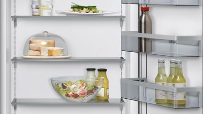 Fridge interior with modular shelves inside the fridge and on the inside of fridge door.