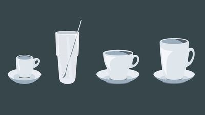 Kuvituskuva, jossa erilaisia kahvikuppeja ja laseja