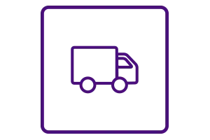 Icône de camion de livraison dans un cadre carré violet.