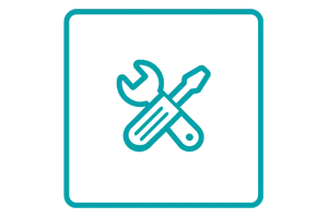 L'image montre une icône simple de deux outils croisés, une clé et un tournevis, dans un cadre carré de couleur teal.