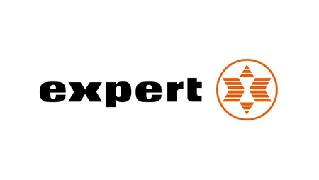 Das Bild zeigt das in schwarzem Text geschriebene Wort "Experte", mit einem orangen Symbol, das einem Stern oder Kompass entspricht.