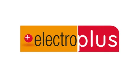 Buntes Logo für Electroplus, ein Elektronik-Händler, mit orangen und roten Texten.