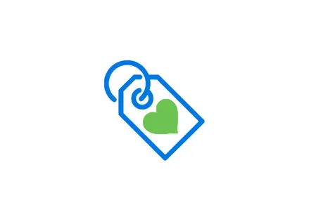 etiqueta azul con corazón verde