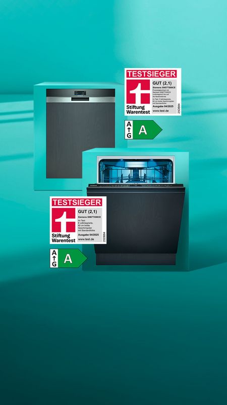 Siemens Geschirrspüler, die von Stiftung Warentest als Testsieger ausgezeichnet wurden. Zwei vollintegrierte und zwei teilintegrierte Geräte