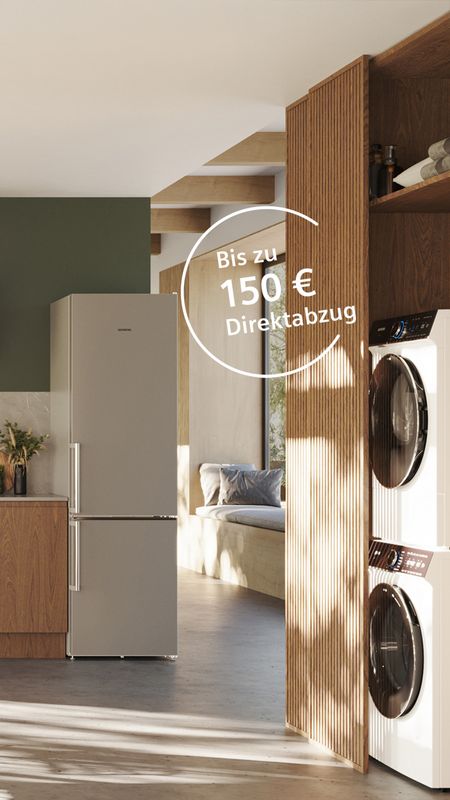 Grüner Raum mit vielen Pflanzen und Siemens Hausgeräten und dem Hinweis auf die aktuelle Aktion mit bis zu 150 € Direktabzug im Siemens Online Shop