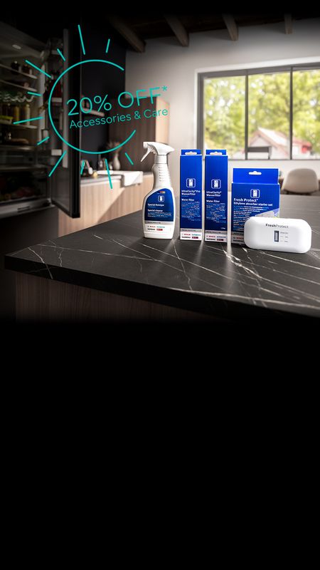 Kitchen counter with cleaning and care products.