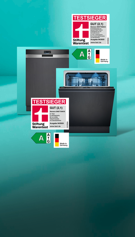 Siemens Geschirrsp&uuml;ler, die von Stiftung Warentest als Testsieger ausgezeichnet wurden. Zwei vollintegrierte und zwei teilintegrierte Ger&auml;te
