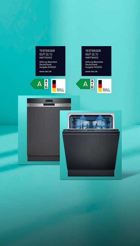 Vier von Stiftung Warentest Deutschland ausgezeichnete Geschirrsp&uuml;ler auf Petrolfarbenen Hintergrund