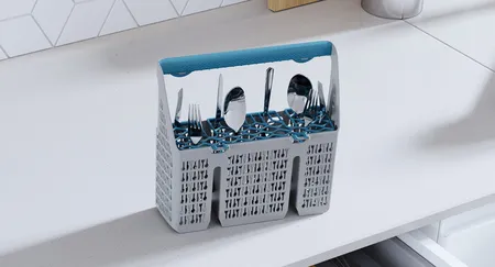 Cubertero Balay para lavavajillas, gris con mango azul y cubiertos