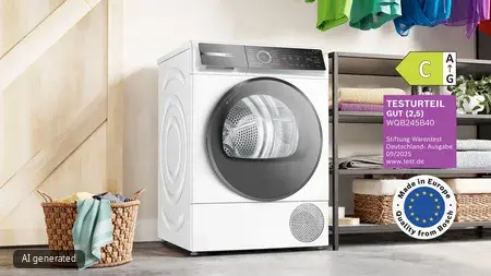 Bosch Wäschetrockner WQB245B40 mit Energieeffizienzklasse C und Stiftung Warentest Auszeichnung.