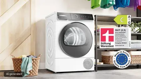 Bosch Wäschetrockner WQB245B40 mit Energieeffizienzklasse C und Stiftung Warentest Auszeichnung.