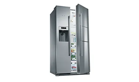 Stainless steel side-by-side refrigerator with water dispenser and ice maker.