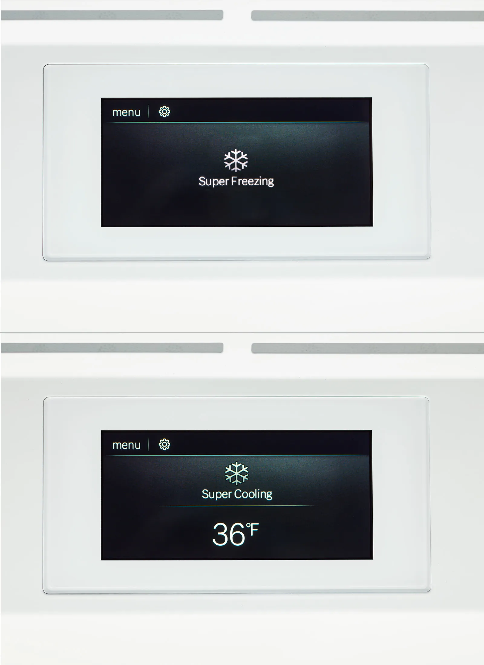 Bosch Refrigerator touch panel displaying 'Super Freezing' and 'Super Cooling' modes.