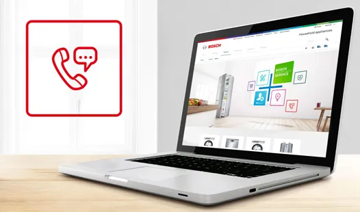 Laptop on a tabletop shows the Bosch customer service page. Phone icon highlights contacting Bosch.
