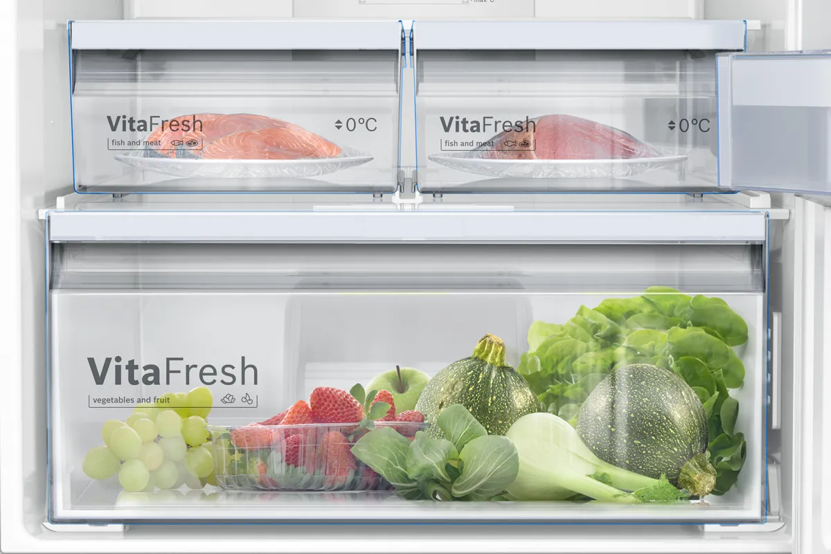 Large VitaFresh drawers full of fresh produce and smaller drawers with meat and fish.