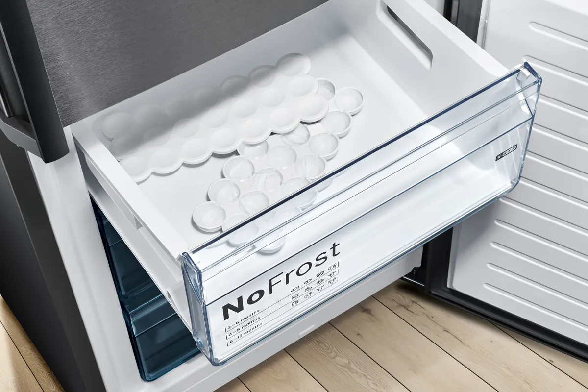 Close up of Bosch drawer with two ice cube trays highlights NoFrost.