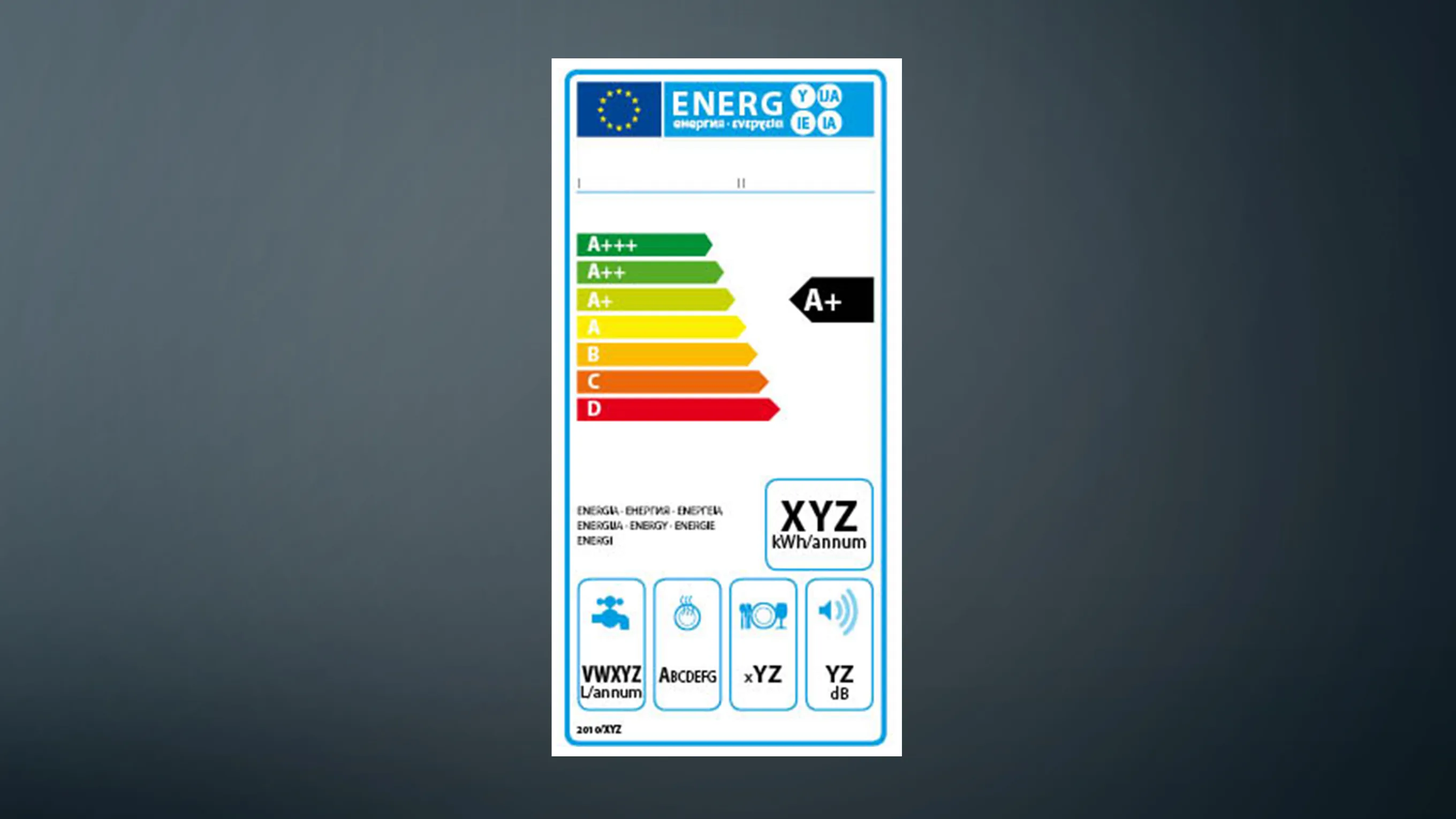 Energy efficiency rating label with EU logo, energy efficiency scale, and product details.