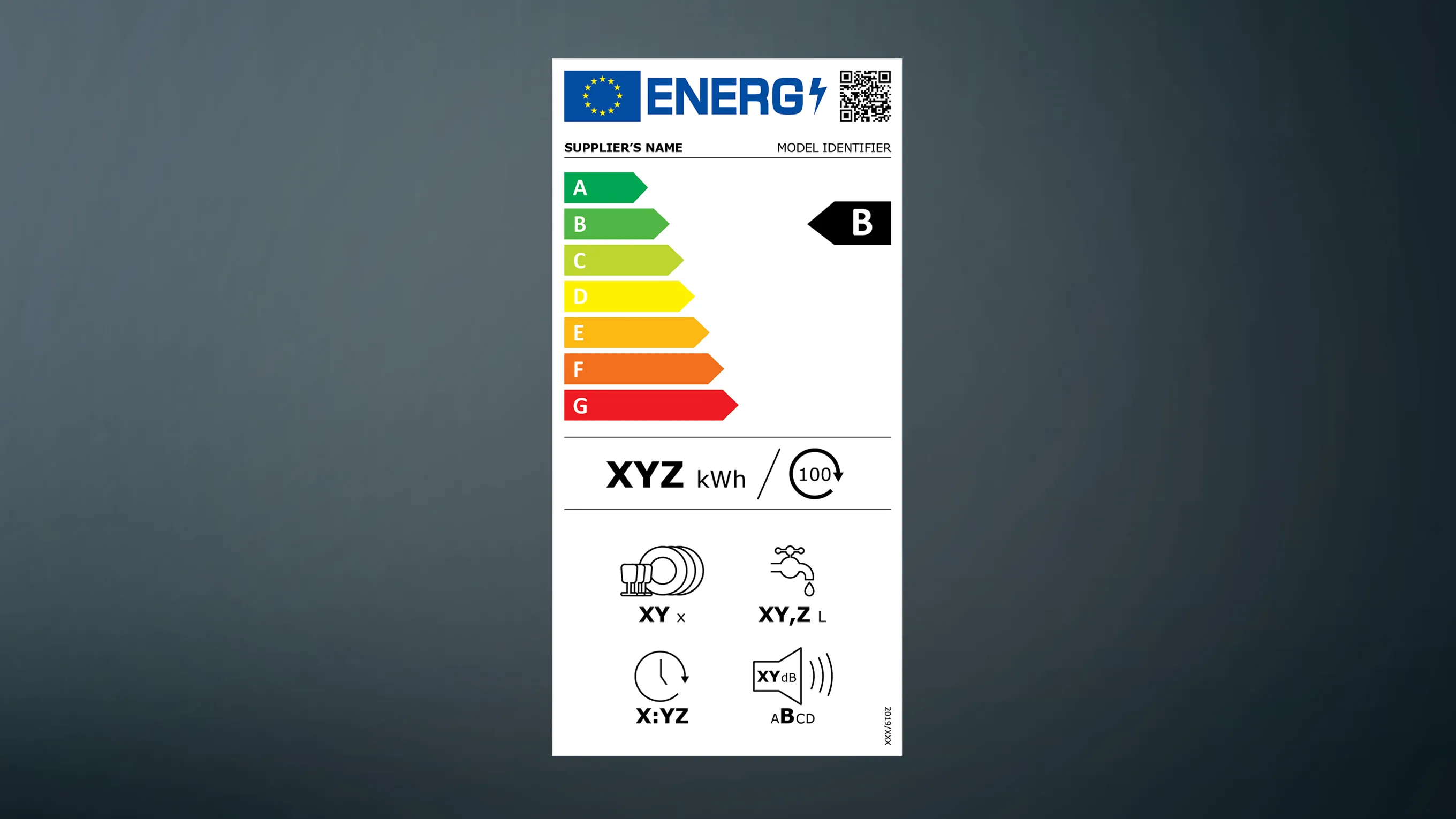 Energy efficiency label with ratings, model identifier, and icons for sound power level, airborne acoustical noise, and energy consumption.