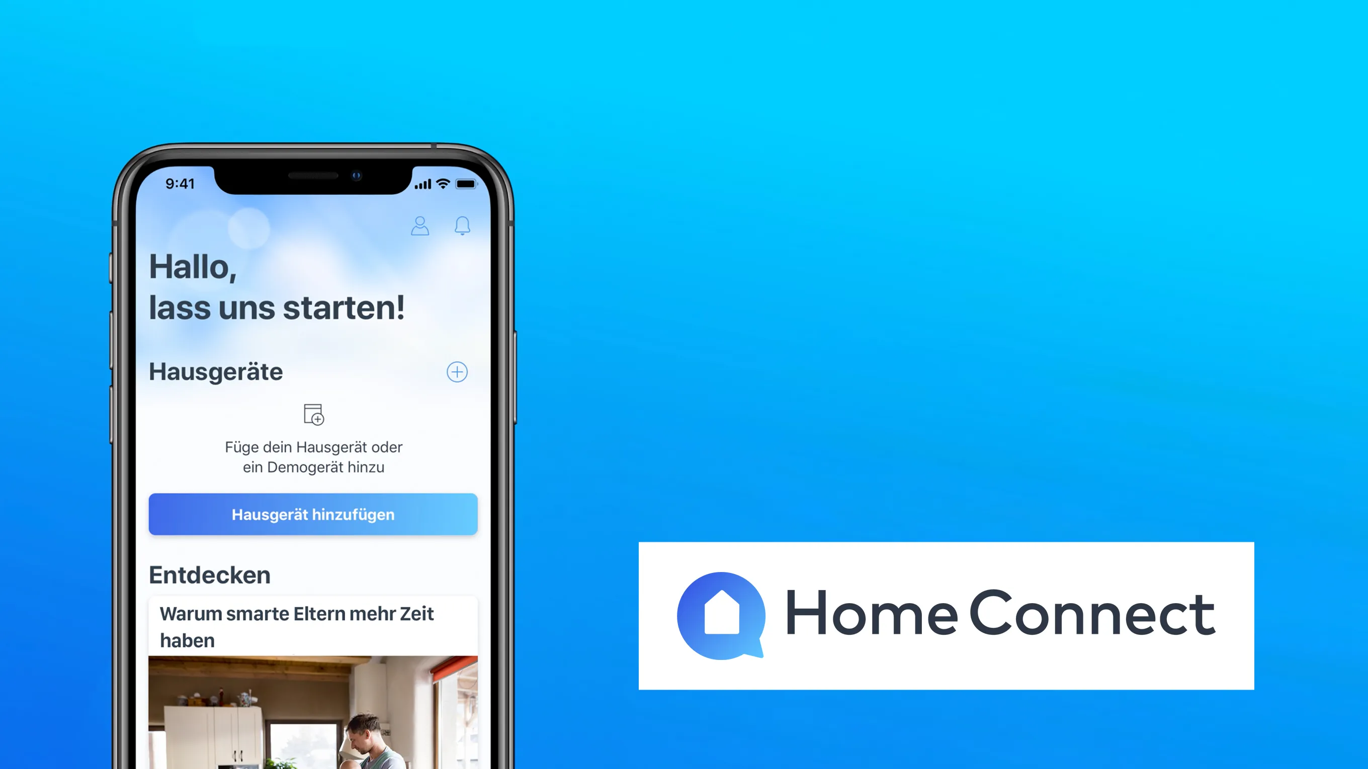 Smartphone-Anzeige Home Connect App-Schnittstelle, blauer Hintergrund mit Home Connect-Logo.