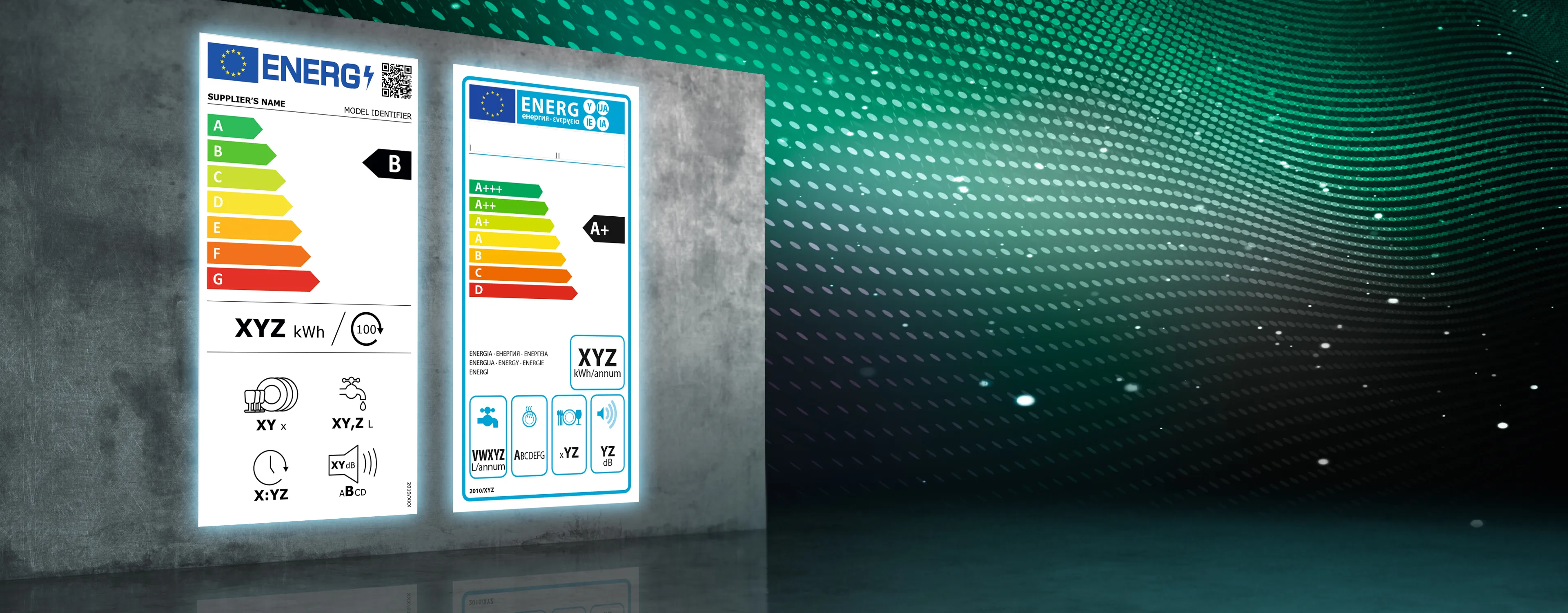 Energy efficiency rating labels on a concrete wall against a starry night sky background.