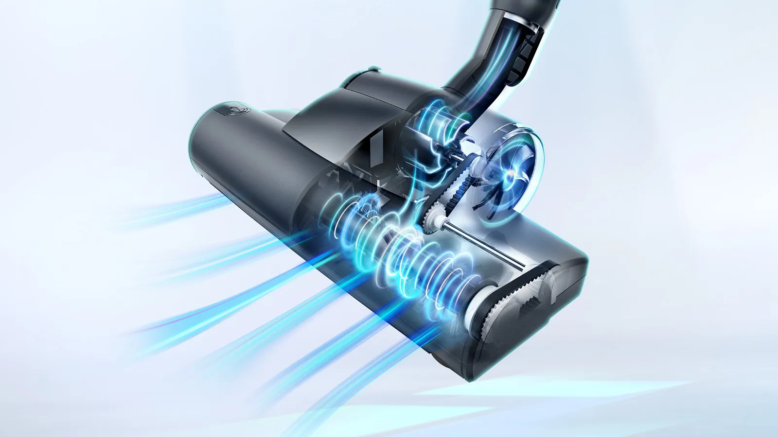 Прахосмукачка с прозрачен корпус, показващ вътрешните компоненти и въздушния поток.
