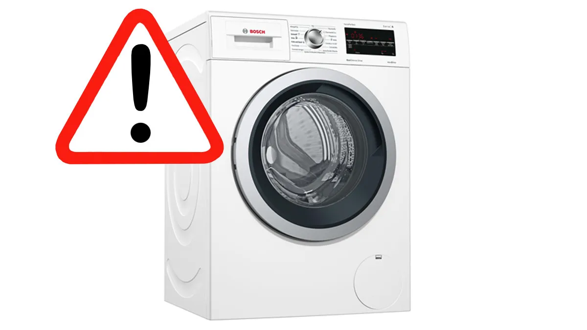 Lavatrice con segnale di avvertimento, design di carica frontale, marchio Bosch.