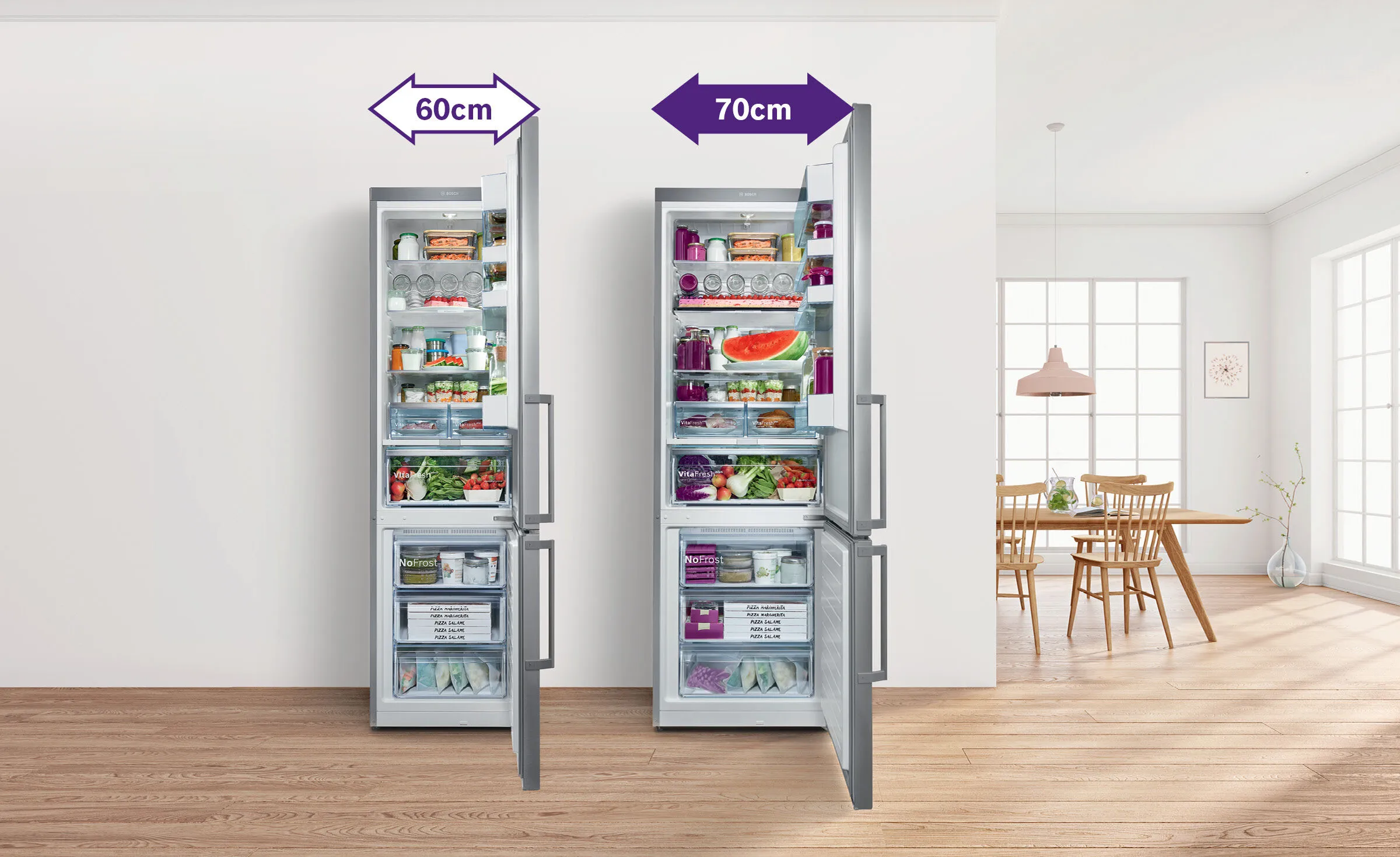 Boschin kaksi erikokoista jääkaappipakastinta keittiössä ovet avattuina. Niiden päällä on mitat.