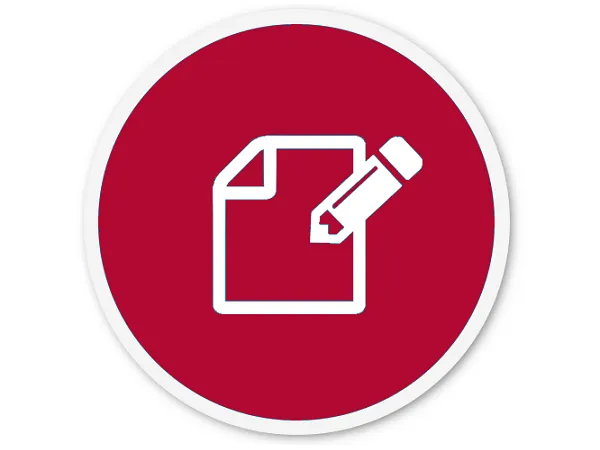Red circle with white document icon and pencil, representing editing or modifying a document.