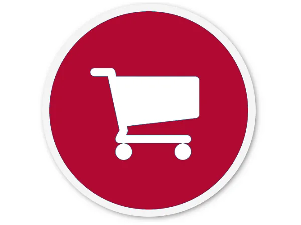 Red circular icon with white shopping cart symbol, representing an online shopping or e-commerce concept.