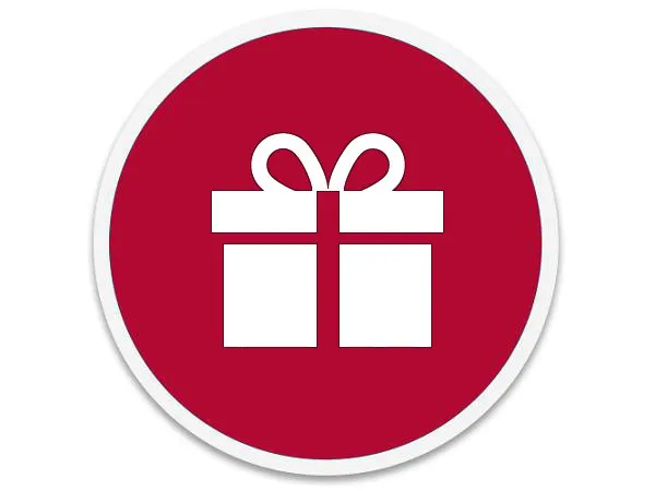 Red circular icon with a wrapped present and bow symbol within