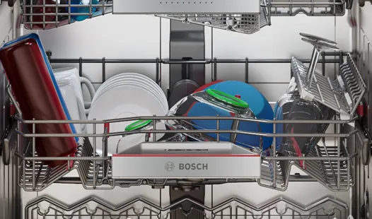 Full middle rack of a three-rack Bosch dishwasher