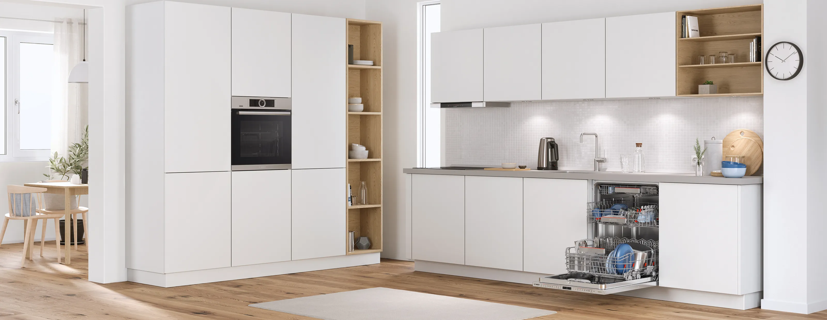 Bosch integrated dishwasher in a modern white kitchen.