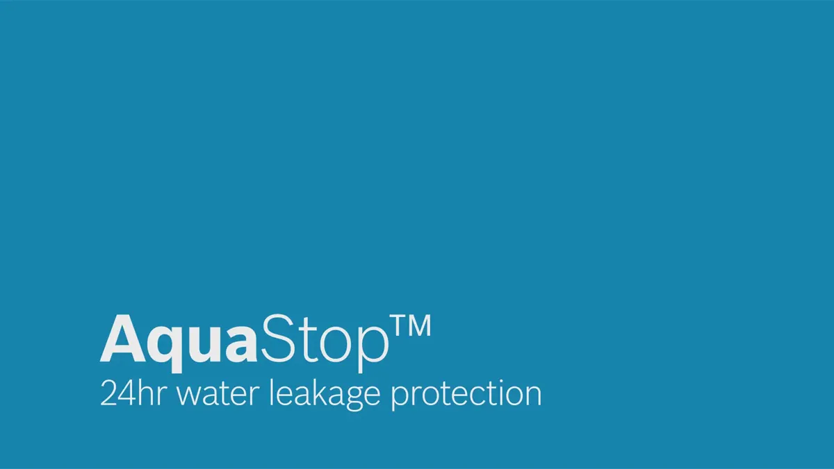Fundal albastru cu text alb "AquaStop" și un tagline despre detectarea scurgerilor de apă.