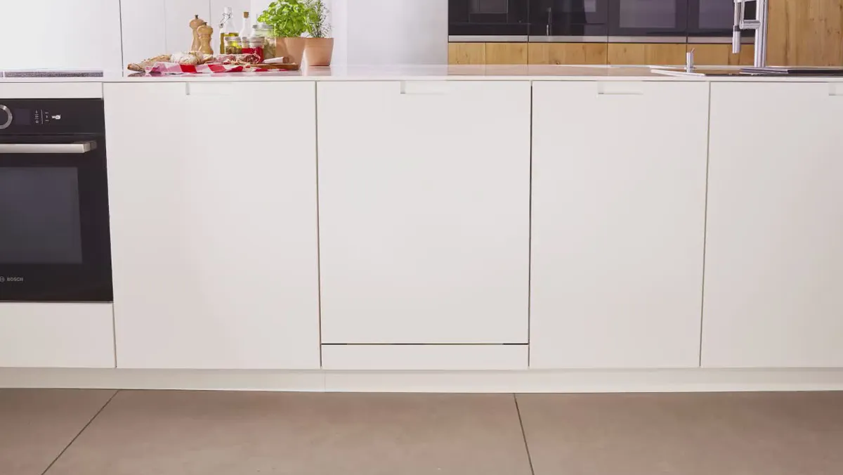 White kitchen cabinets, stainless steel appliances, potted plants, tiled floor.