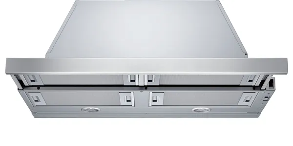 Bosch Stainless steel kitchen range hood with multiple vents and control panel.