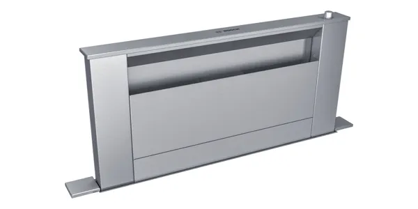 Bosch Stainless steel kitchen range hood with sleek, modern design and integrated lighting.