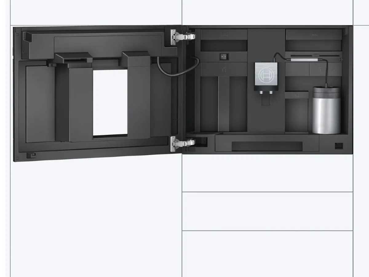 Bosch Sleek, modern kitchen coffee machine with various compartments and features, including a display screen.