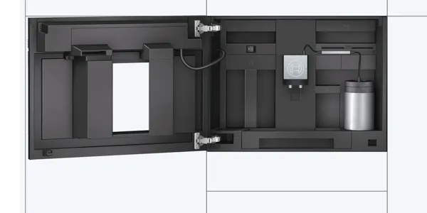 Sleek black Bosch built-in cabinet with various compartments and electrical components.