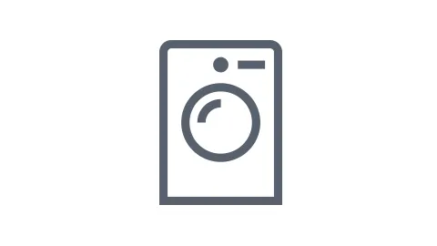 Washing machine icon, simple gray outline design, representing laundry or cleaning appliance.