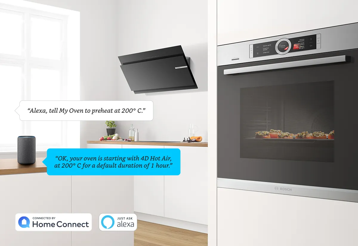 Modern kitchen with smart oven preheating to 200°C via Alexa voice command, showcasing Home Connect and Alexa integration.