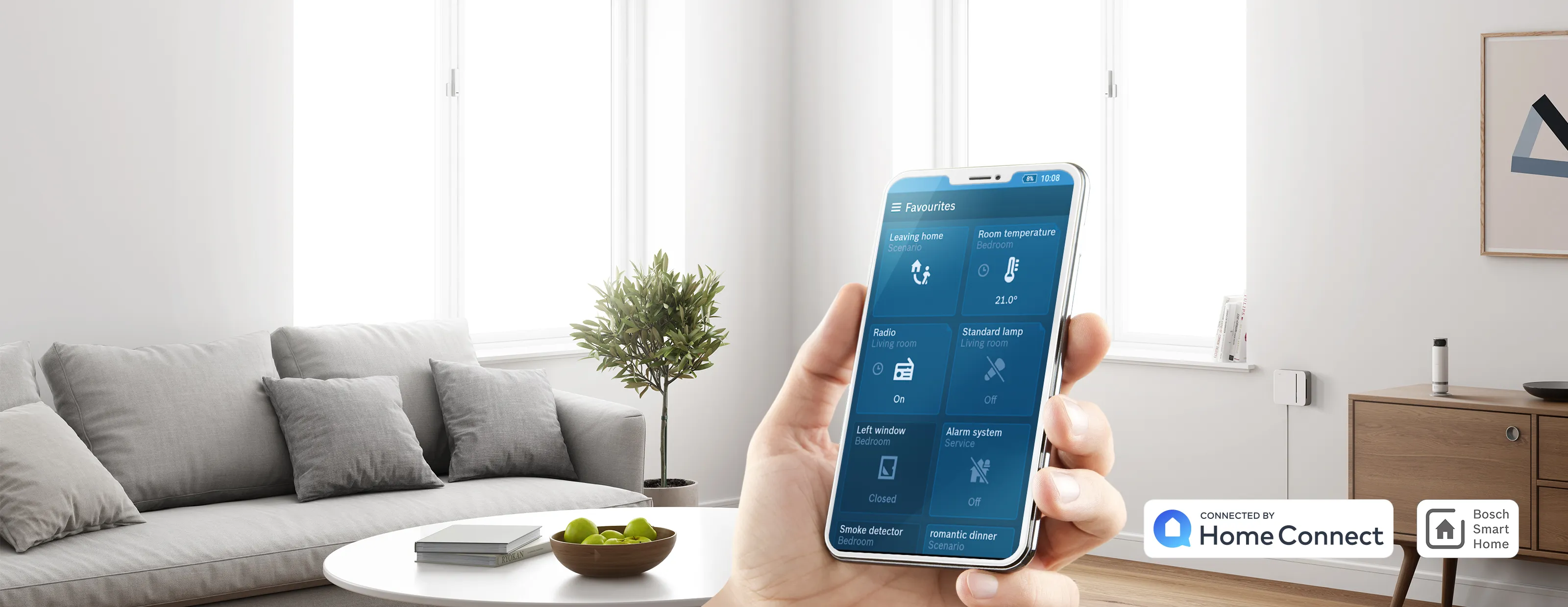 Managing a Bosch Smart Home using the Home Connect app on a smartphone, set in a bright, modern living room.