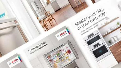 Collage of Bosch home appliances in modern kitchen settings with text highlights.